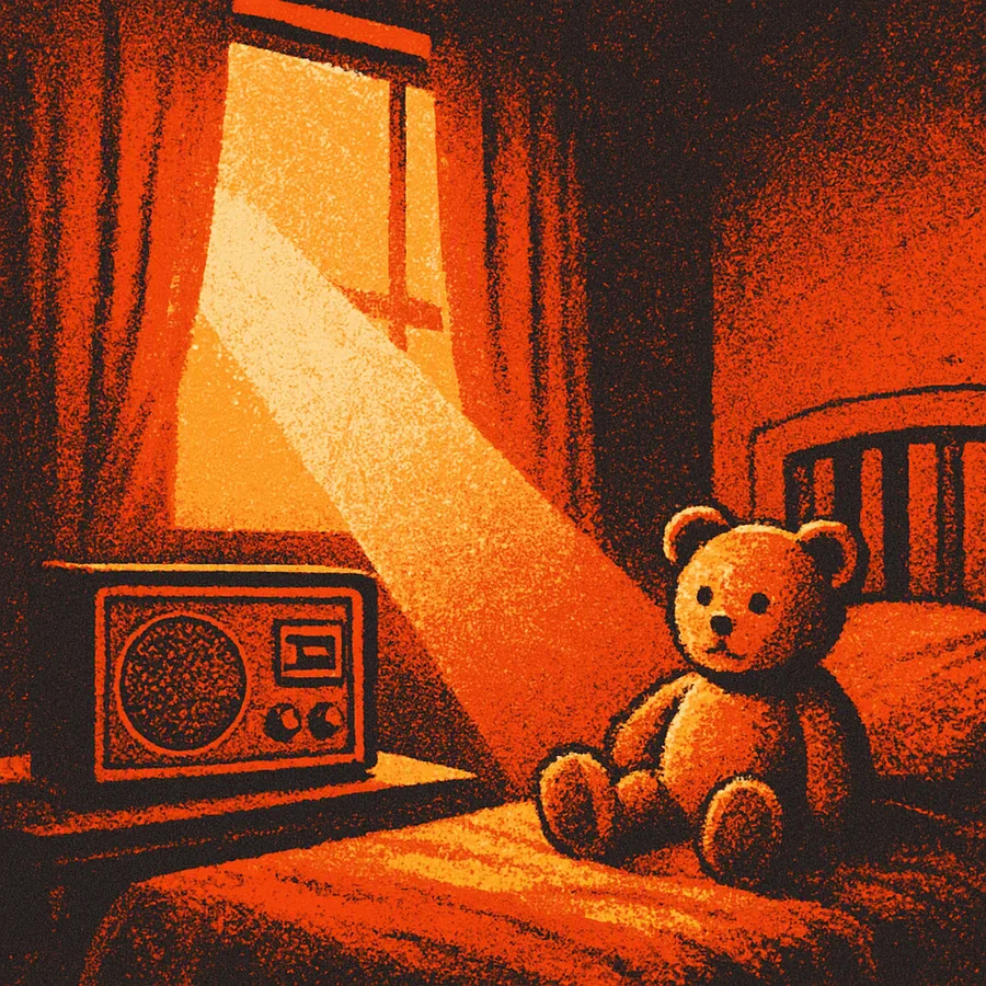 Ein Kinderzimmer der 1970er mit einem Vintage-Radio, Teddybär und staubigem Sonnenlicht.