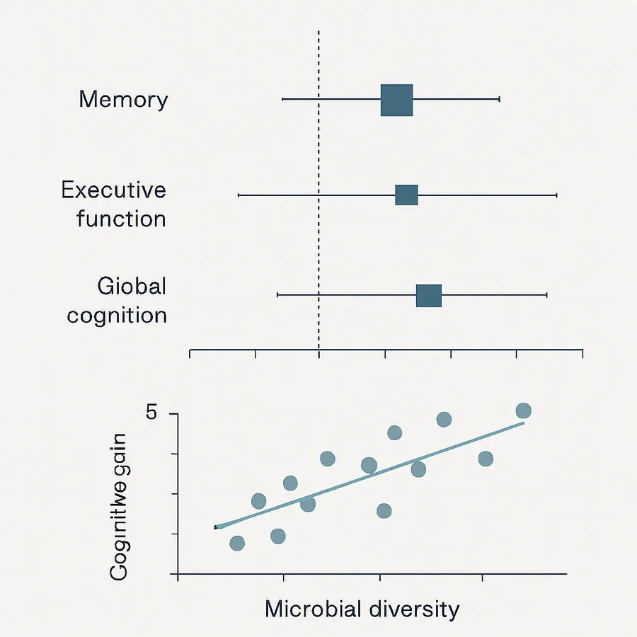 Forest-Plot der kognitiven Effektstärken nach Domäne und Streudiagramm der mikrobiellen Vielfalt gegenüber kognitivem Zugewinn