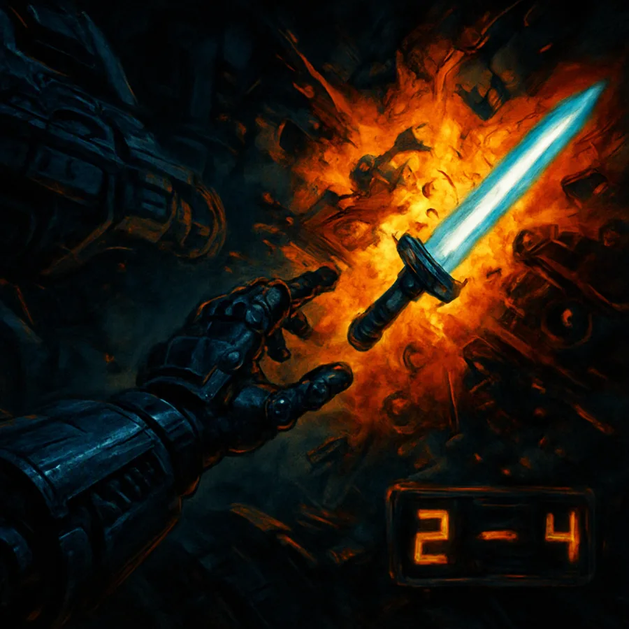 The spaceship's arm grabs a weapon from a destroyed enemy, with ammo counters on the HUD.