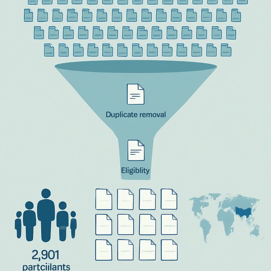 Funnel diagram showing 1,646 records narrowing to 21 included studies with 2,901 participants