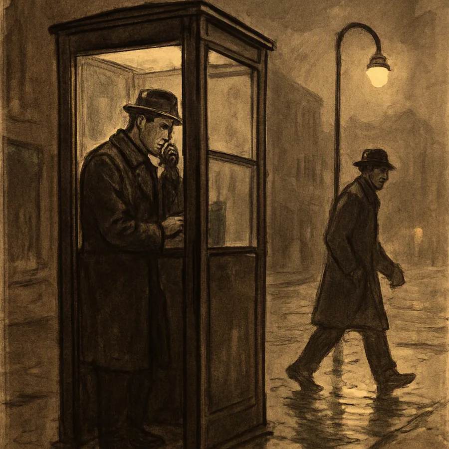 A man using a glass telephone booth at dusk while another person walks past outside with a notebook.