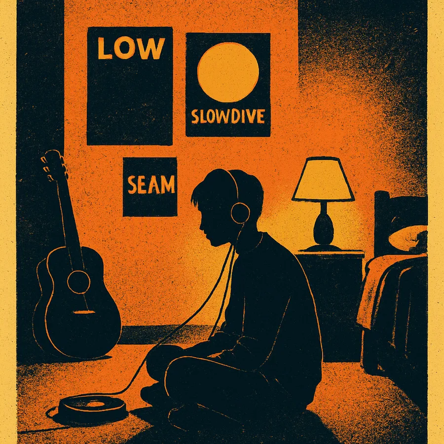 A person listening to music on headphones in a dimly lit bedroom with posters and a guitar.