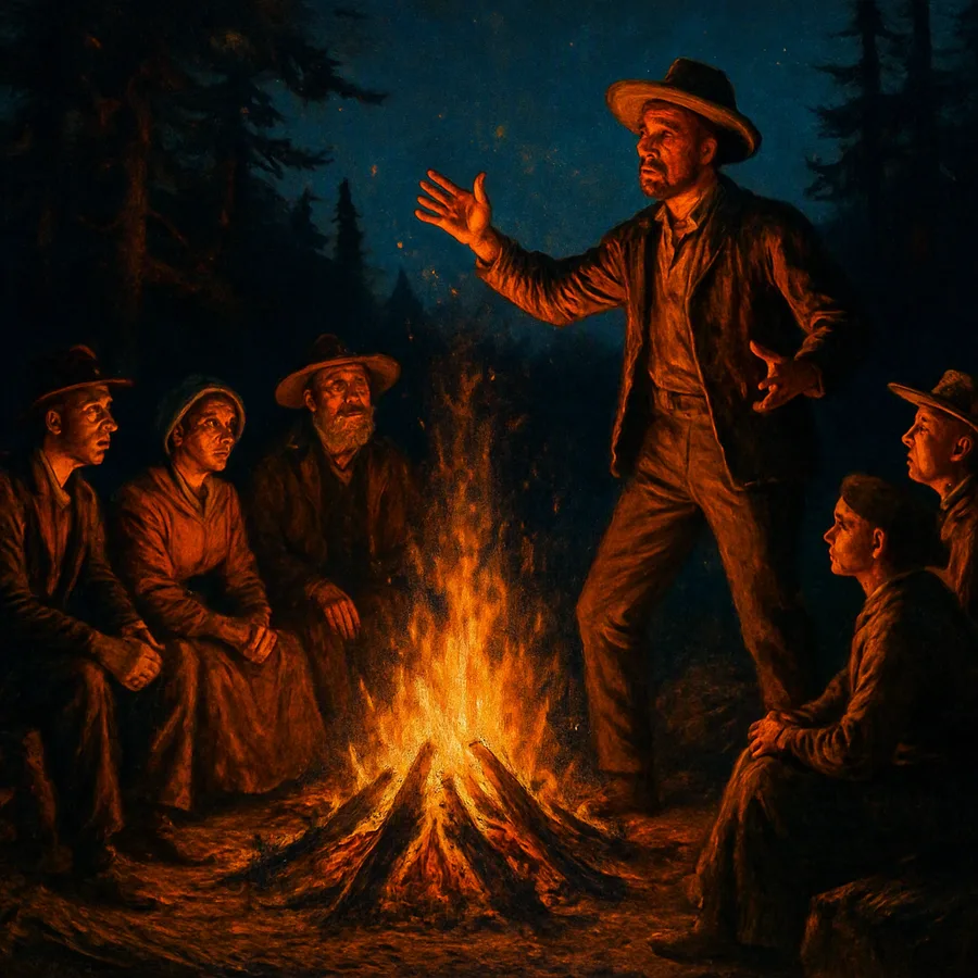 People gathered around a campfire in a pine clearing as one tells a story