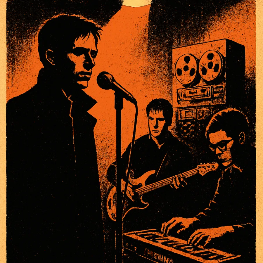 Three men in a 1980s recording studio with synthesizers, drum machine, and tape recorders.