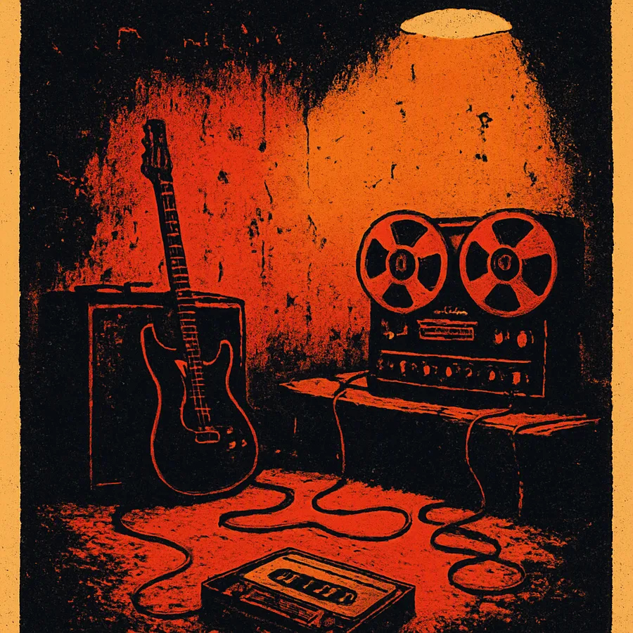 Bandmaschine und Kassette mit einer abgespulten Schleife neben einer Gitarre in einem kahlen Raum