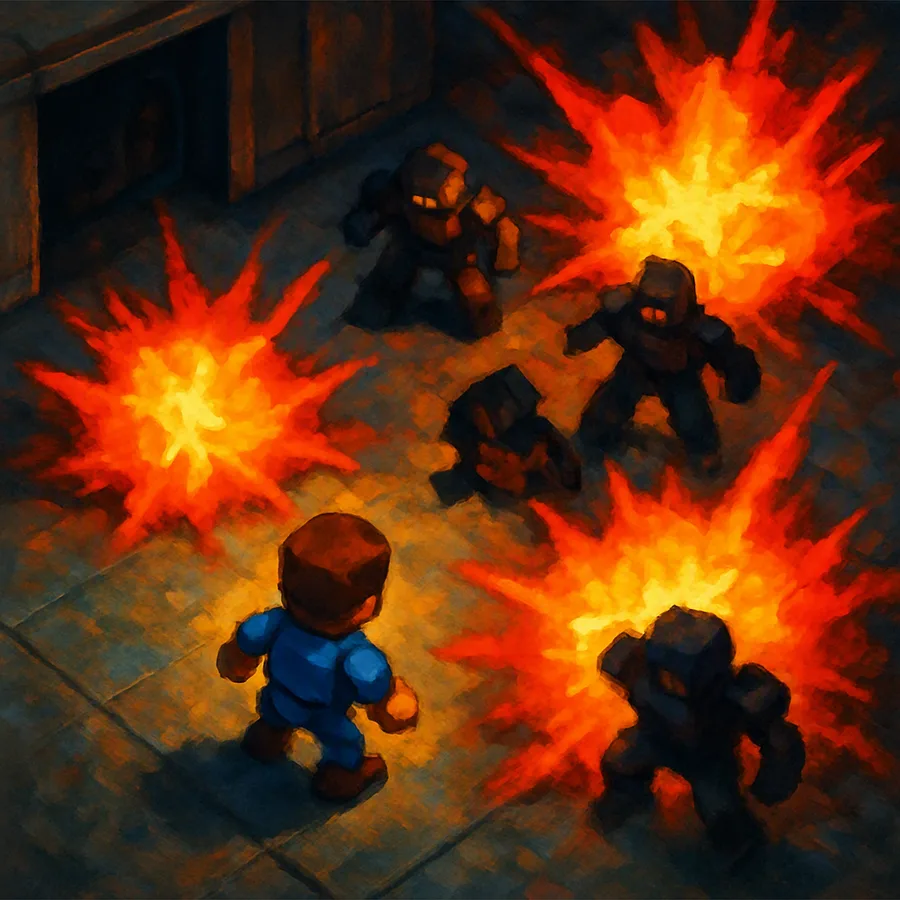 Top-down PlayStation-style scene of a character triggering multiple bright explosions around enemies in a room