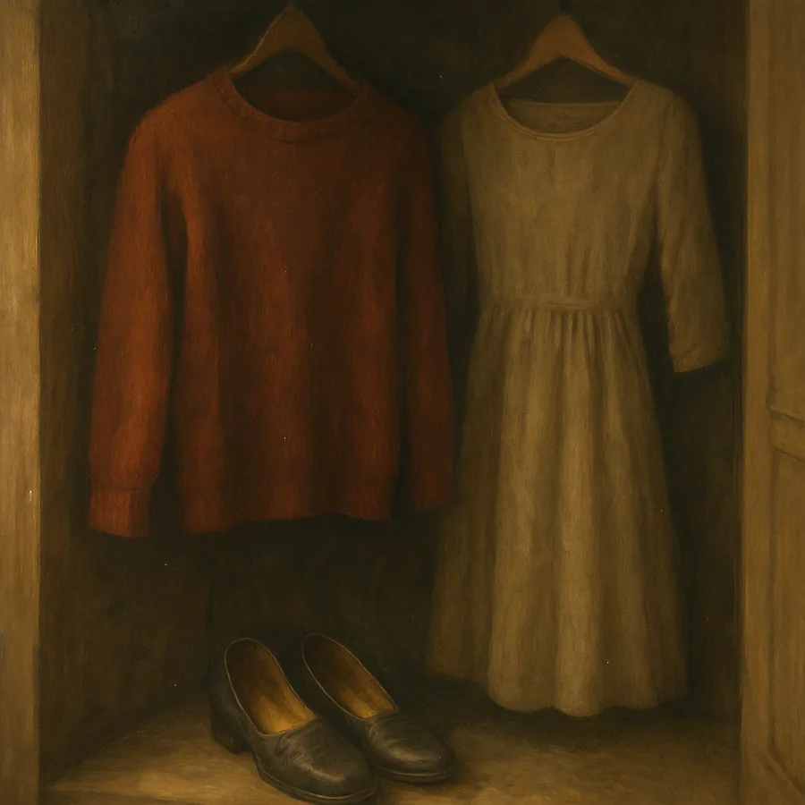 A closet with an unworn sweater, dress, and shoes, depicted in a vanitas painting style.