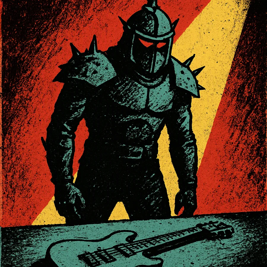 Comicbuch-Panel mit einer Science-Fiction-Figur und einer Gitarre, die auf einen offenen Akkord gestimmt ist