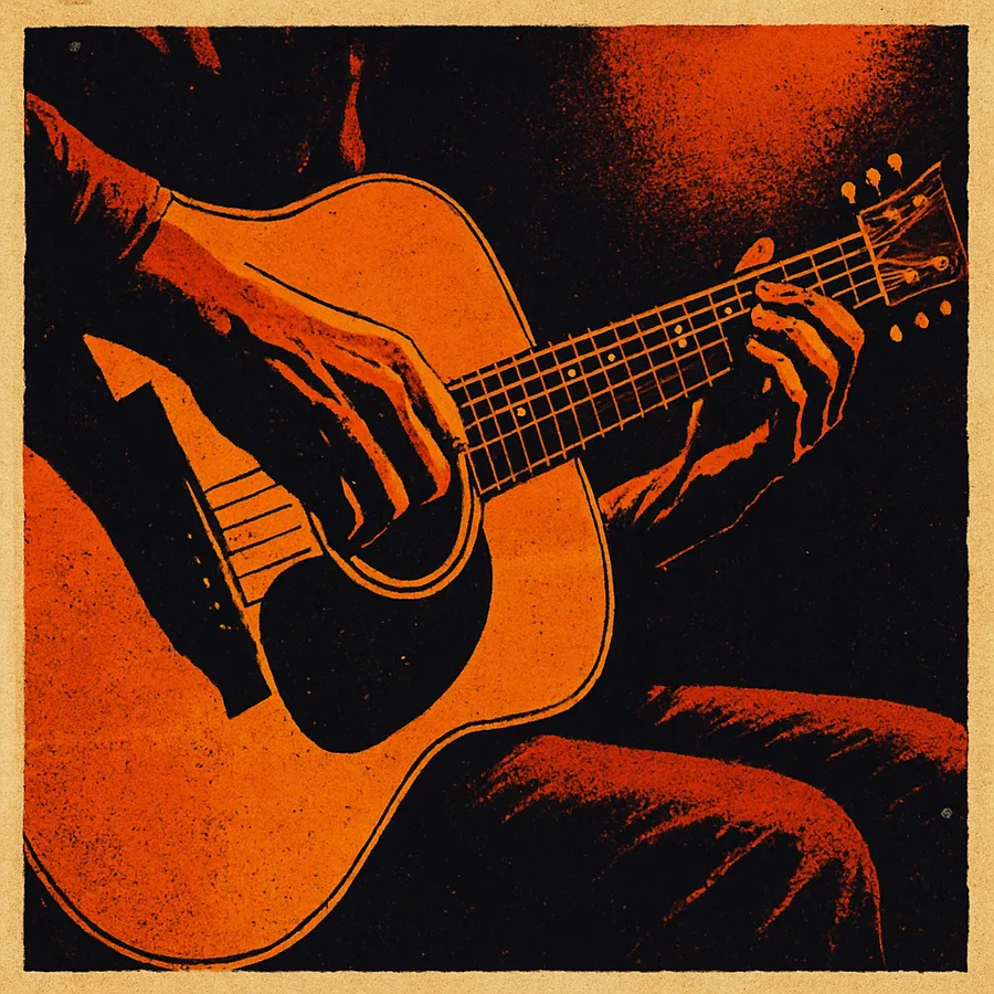 A close-up of a hand fingerpicking an acoustic guitar in low light.