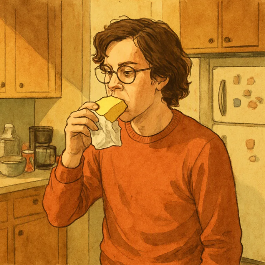 A person stands in a kitchen eating a block of cheese from its wrapper, no plate or utensils in sight.