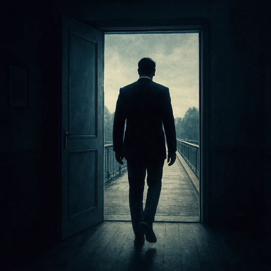 A man in a suit walks through a doorway and emerges on a bridge, with the transition appearing seamless and impossible.