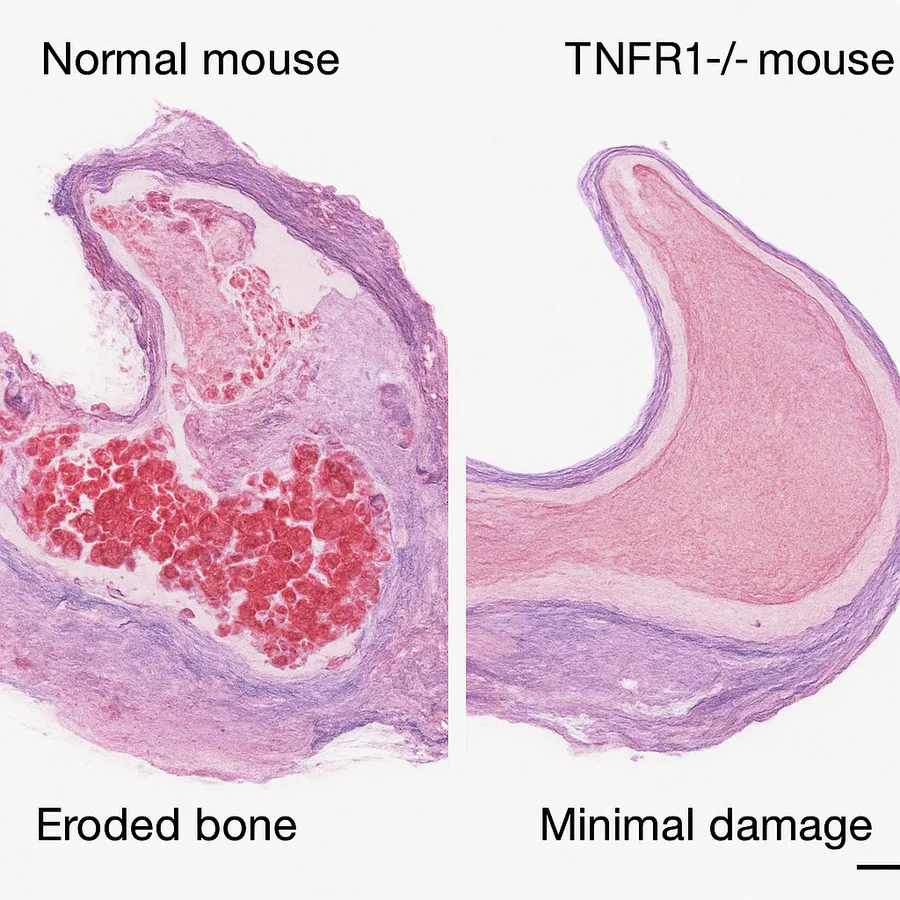 Mikroskopischer Vergleich von Kieferknochenschnitten normaler und TNFR1-/- Mäuse, die weniger Knochenverlust und weniger Immunzellen in der Knockout-Maus zeigen.