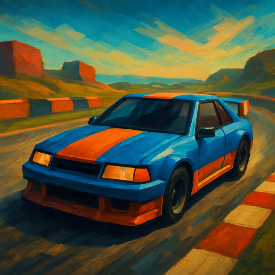 Blocky low-polygon race car with flat textures on a simple track, typical of late-1990s PlayStation graphics