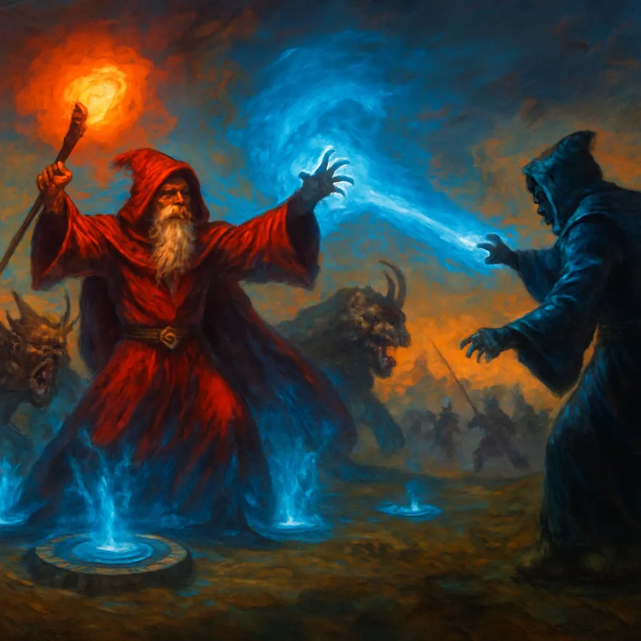 Wizard summoning units on a battlefield with mana nodes and enemy wizard