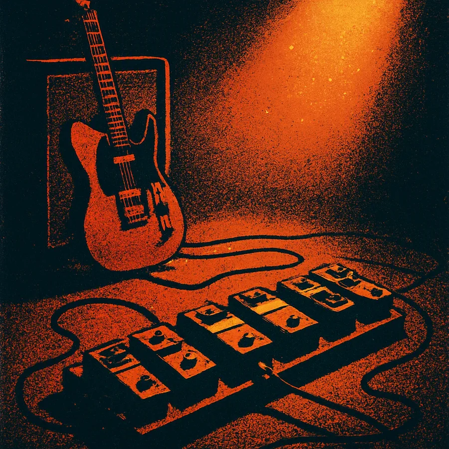Guitarra elétrica ao lado de um amplificador e uma fila de pedais de delay e reverb brilhantes num estúdio escuro.