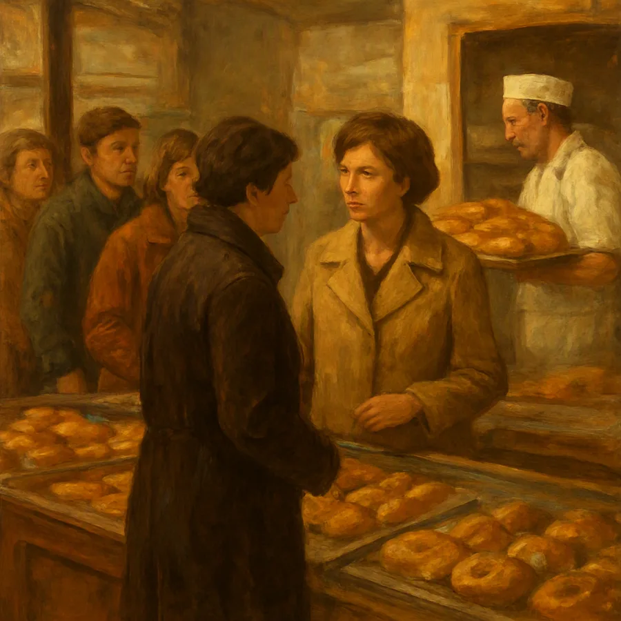 A woman cutting into a bakery queue while the customer she passed turns to correct her, others waiting behind.