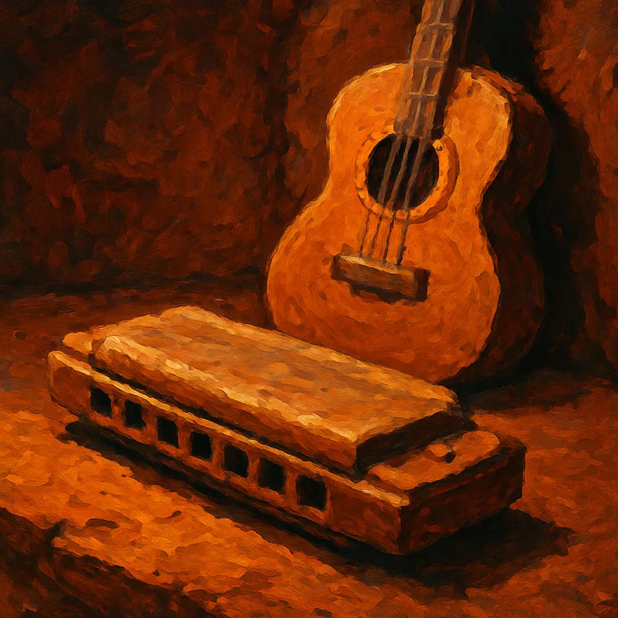 A clay harmonica on a clay surface with a clay guitar in the background.