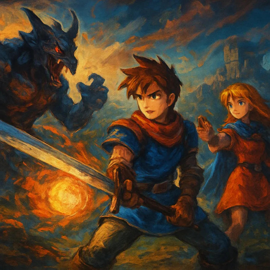Sprites 2D sobre um fundo pré-renderizado com menus robustos, evocando um RPG de PlayStation do final dos anos 1990