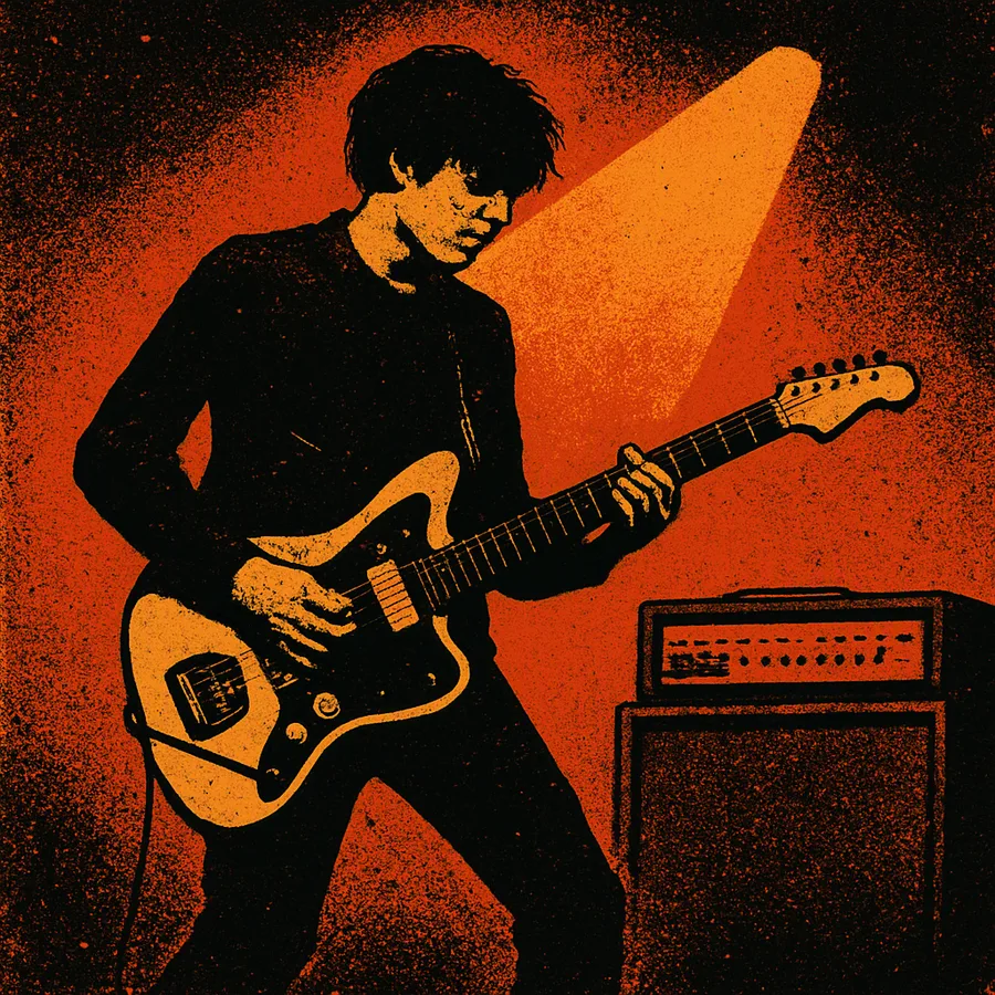 A guitarist playing an offset guitar on a small club stage in black-and-white, early 1990s indie rock style.