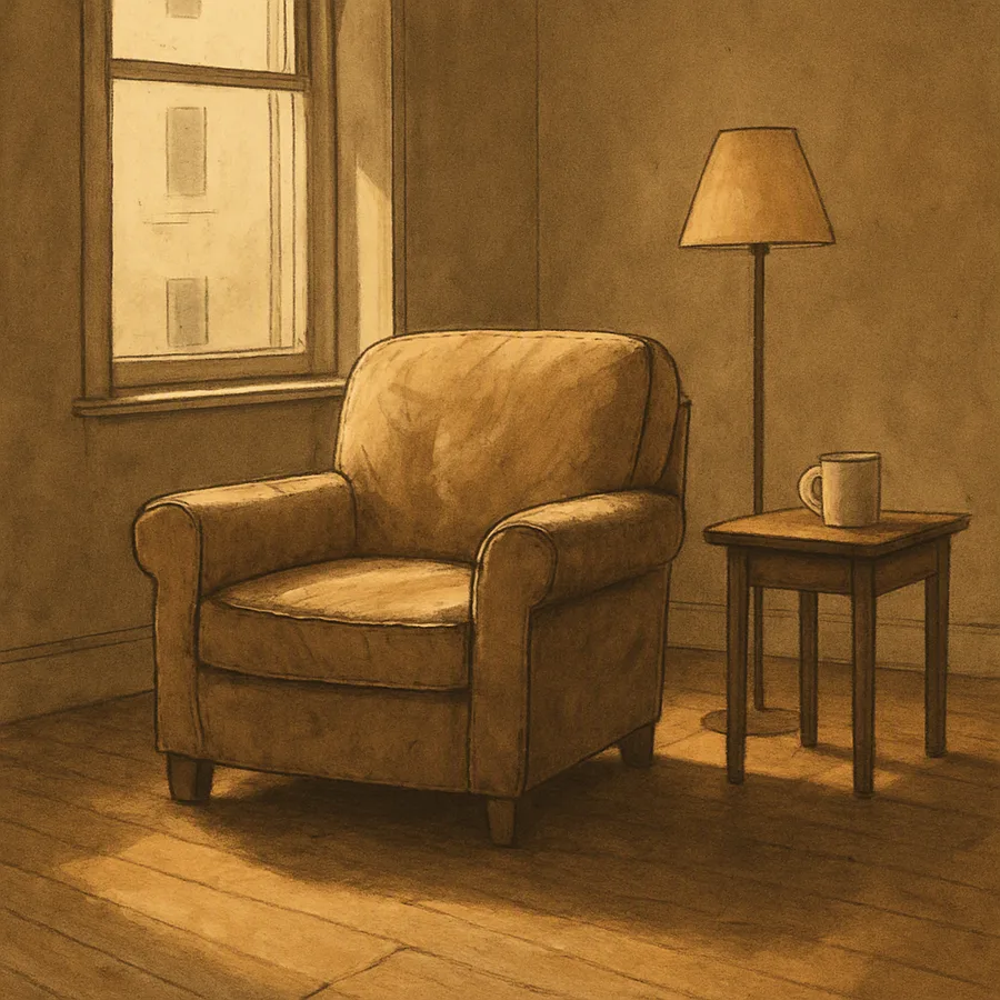 An empty living room with a lamp left on, a mug on a table, and light across the floor.