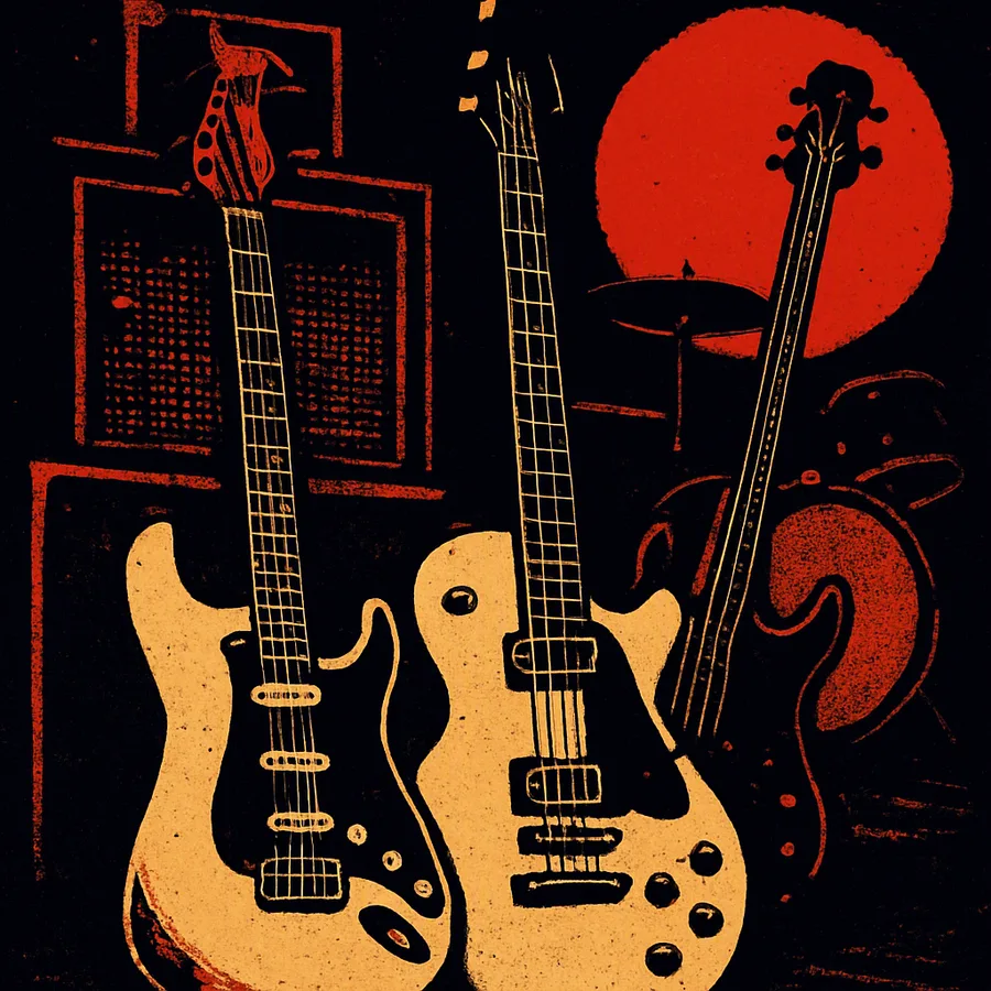 Close-up of two clean electric guitars and a bass guitar in a 1970s rehearsal room.