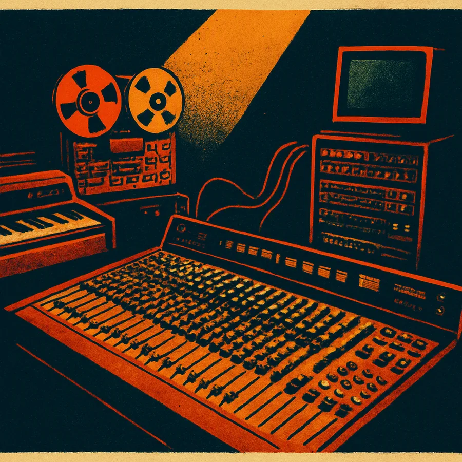 Ein Studioregieraum der 1990er Jahre mit einer analogen Konsole und Bandmaschine neben digitalen Prozessoren und einem Computermonitor.