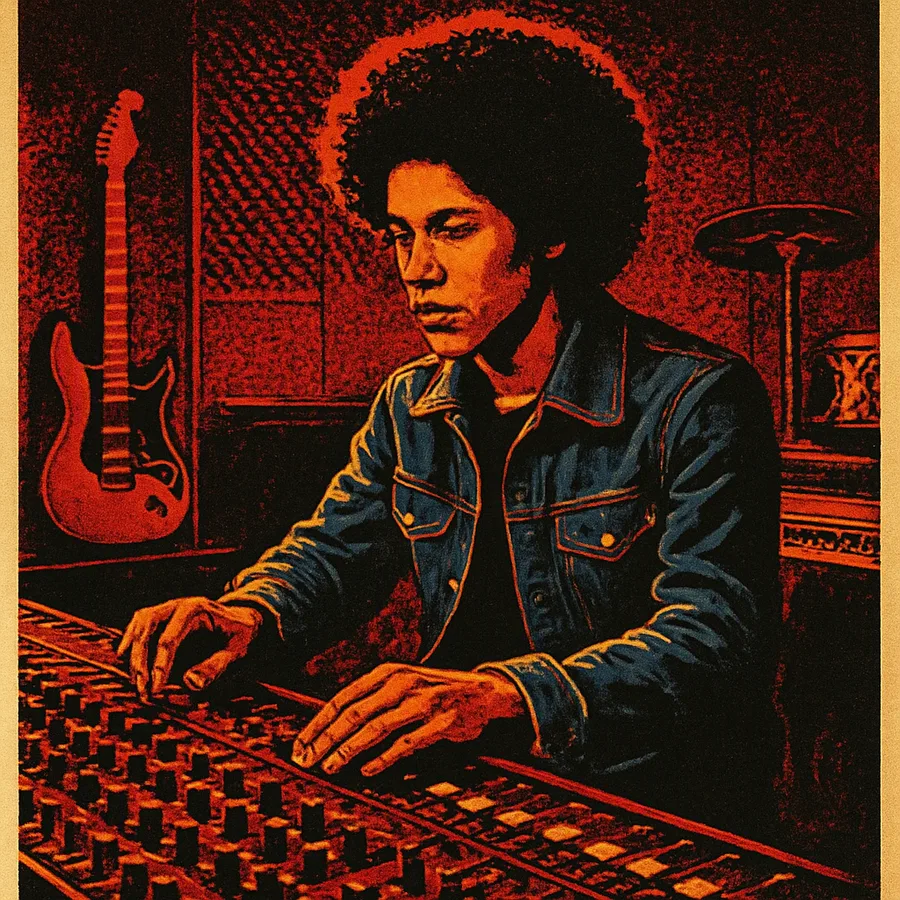 Shuggie Otis in a home studio with a mixing console, guitar, drums, and Rhodes piano, 1970s.