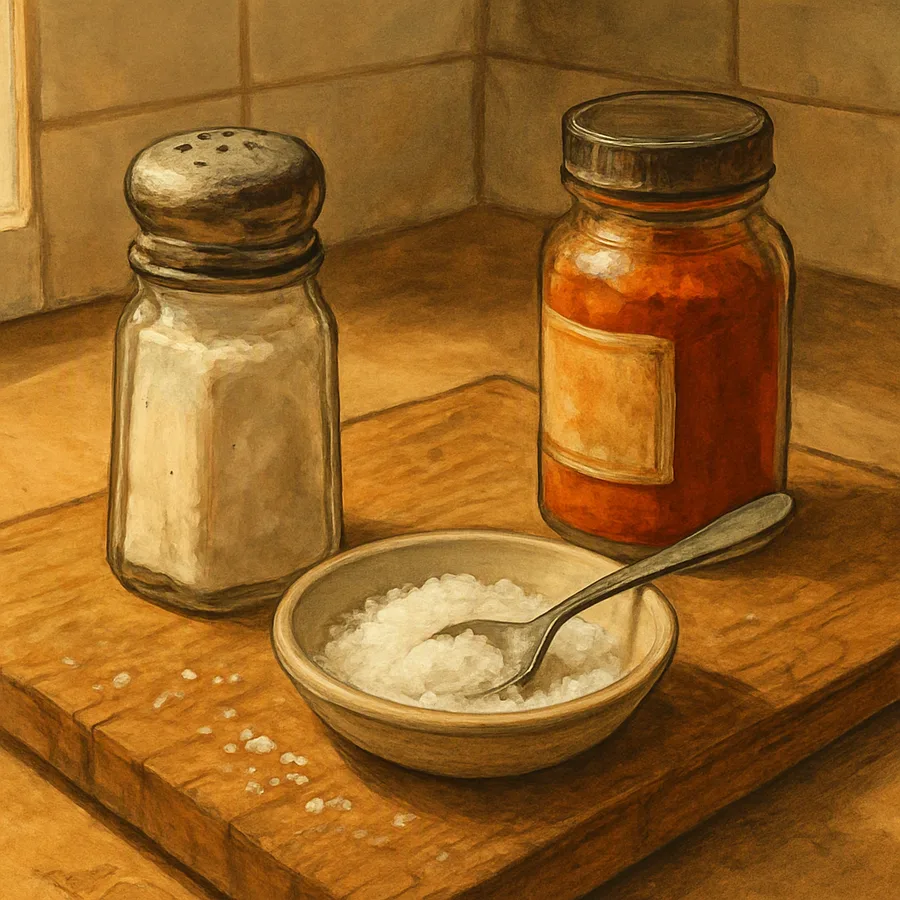 A salt shaker, spoon in a salt dish, and chili powder jar on a wooden cutting board