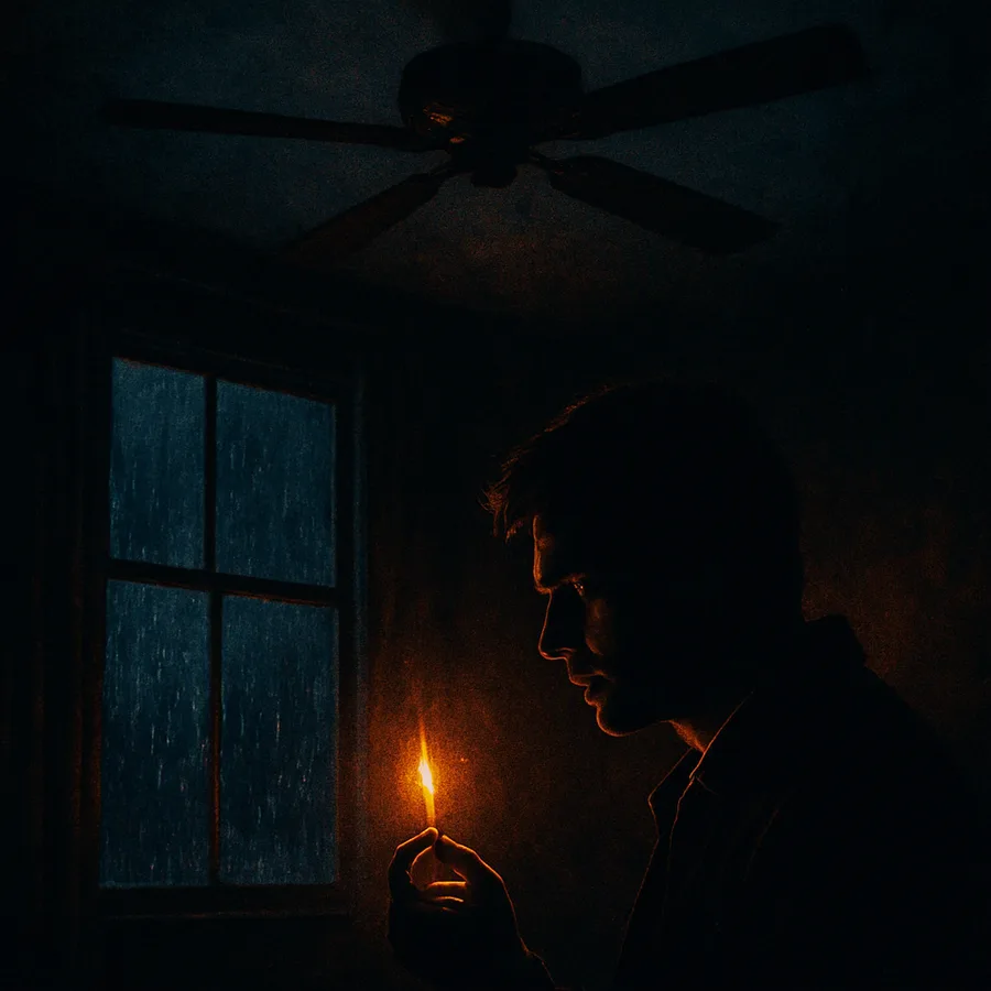 A dim room with a ceiling fan, rain on a window, and a match being struck.