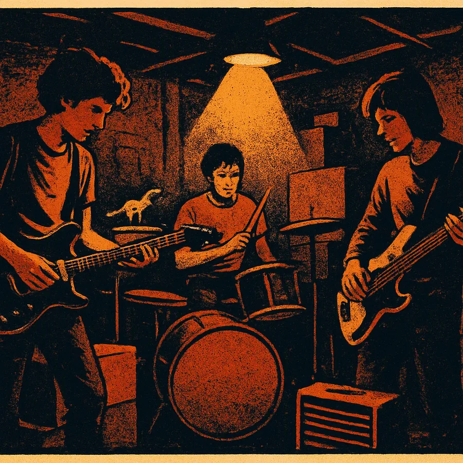 Three musicians rehearsing in a basement with guitar, bass and drums