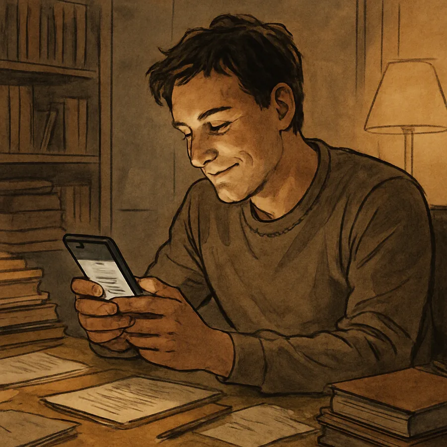 A person smiling while reading news on a smartphone at a desk.