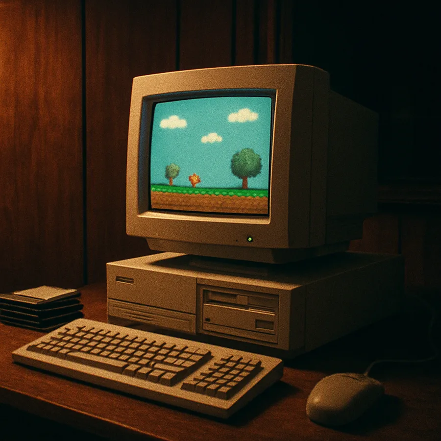 A chunky 1990s home computer with CRT monitor and floppy discs in a wood-paneled room.