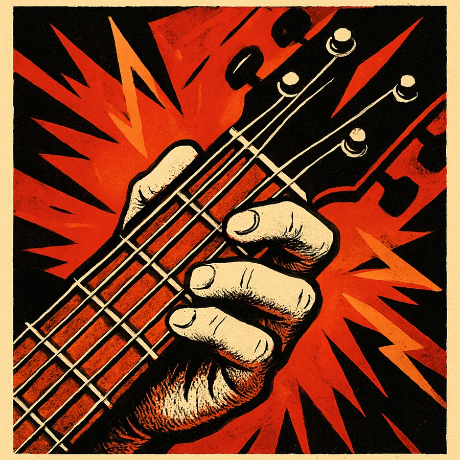 Guitar fretboard with fingers playing open strings and dissonant intervals, with angular shapes