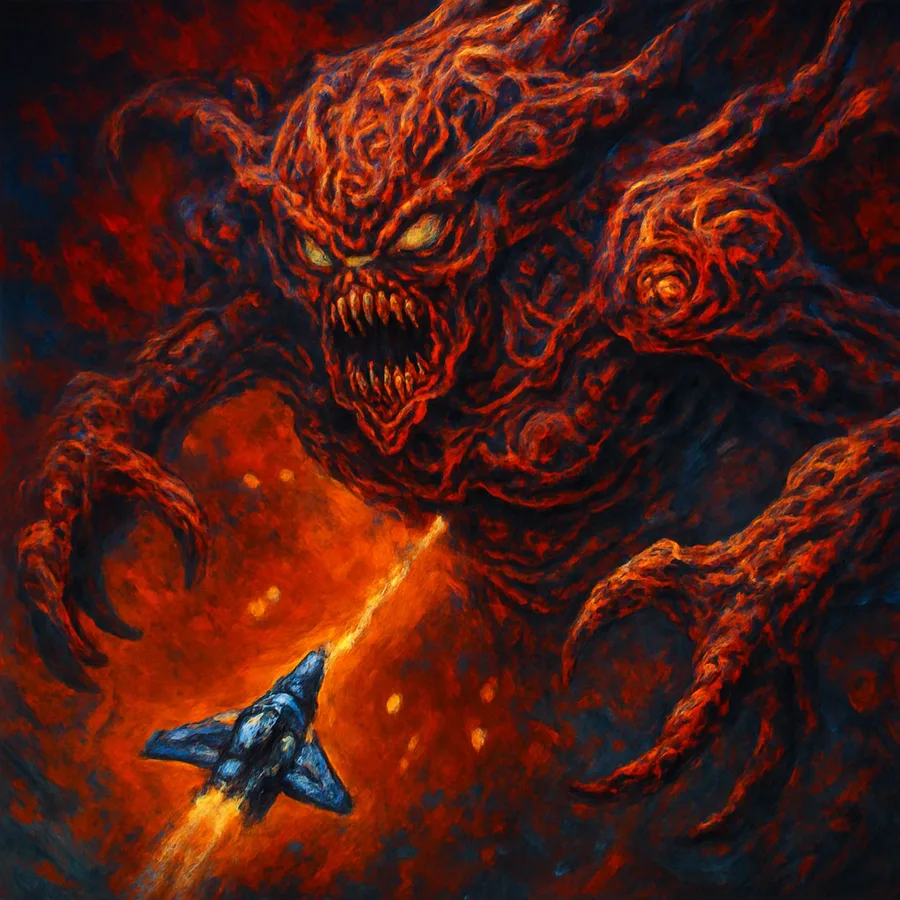 Boss battle in R-Type Delta showing a large organic alien boss and a starfighter dodging bullets