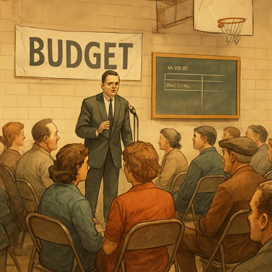 A crowded school gymnasium meeting with parents seated in folding chairs, a speaker at a microphone, and a budget chalkboard behind them.