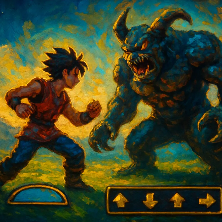 A 1999 PlayStation RPG battle scene showing a hero facing a monster with directional attack icons and an action point meter.
