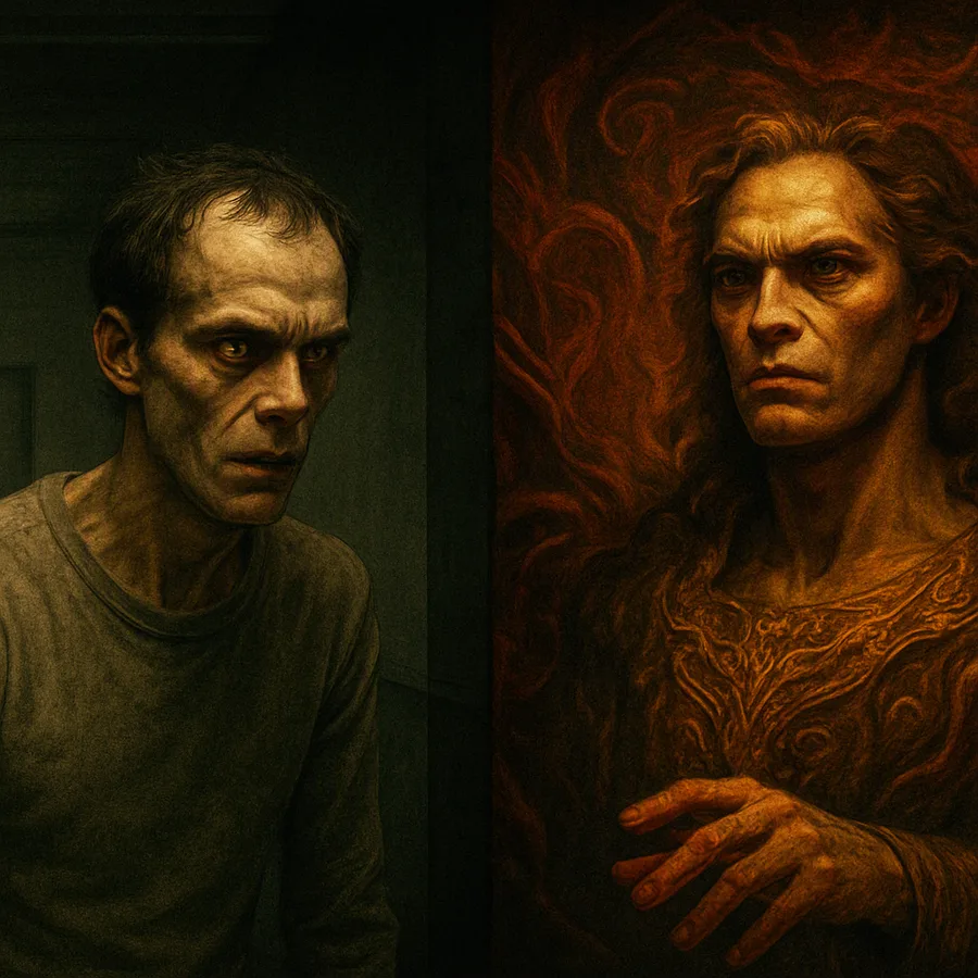 A gaunt man in an institution contrasted with a godlike imagined version of himself in a dream world.