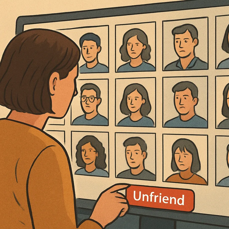 A person about to unfriend a social media contact, with a wall of profiles behind them.
