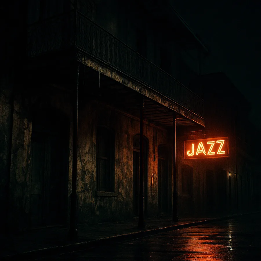 A dark, rainy New Orleans street with rusted iron balconies and a glowing jazz club sign.
