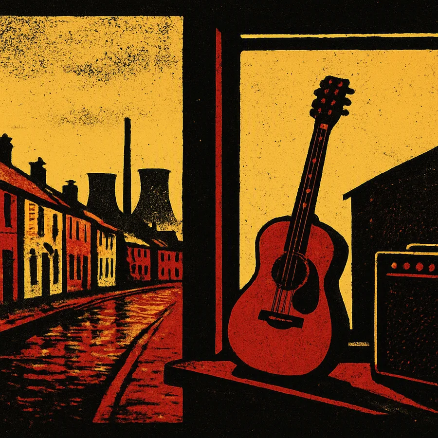 Cidade industrial escocesa nublada com casas geminadas e torres de resfriamento distantes, guitarra visível através da janela de uma sala de ensaio.