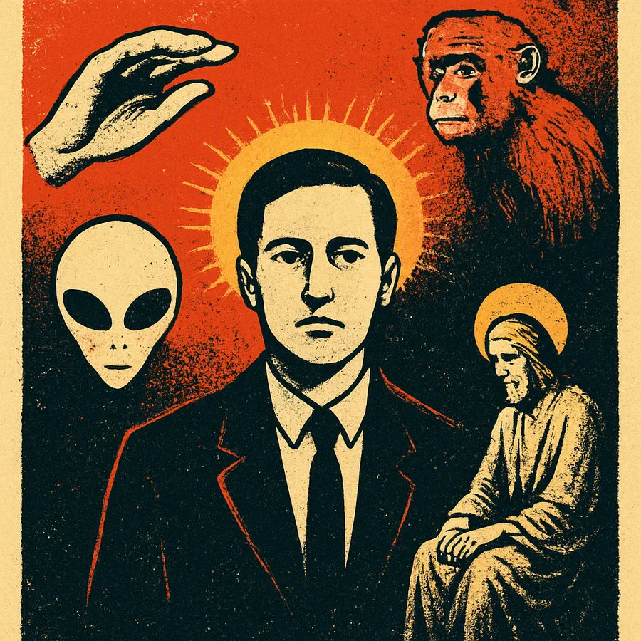 Surreal collage of a calm suited man surrounded by floating sci-fi and biblical imagery in 1980s indie sleeve style.