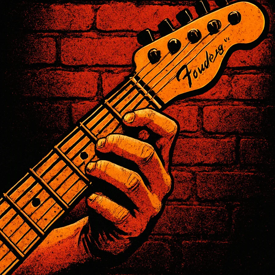Close do braço de uma guitarra Fender Telecaster com dedos no braço, contra uma parede de tijolos.