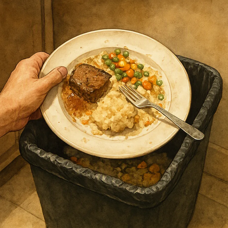 A hand scraping an uneaten meal from a plate into a kitchen bin