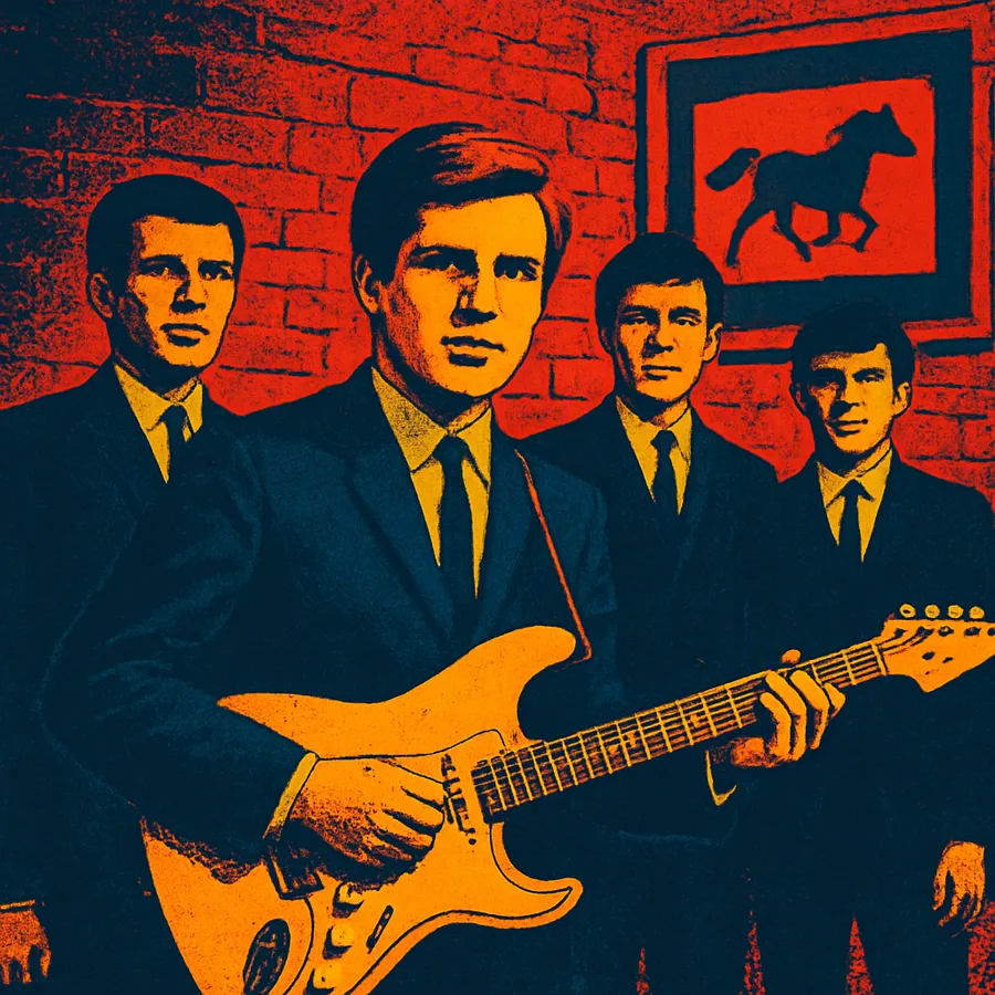 The Bobby Fuller Four vor einer Backsteinmauer, in dunklen Anzügen und mit Instrumenten.