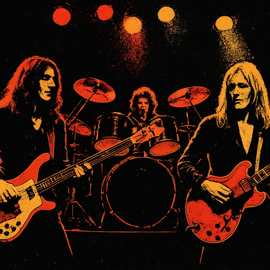 Rush se apresentando no palco nos anos 1970, com Geddy Lee no baixo, Alex Lifeson na guitarra e Neil Peart na bateria.