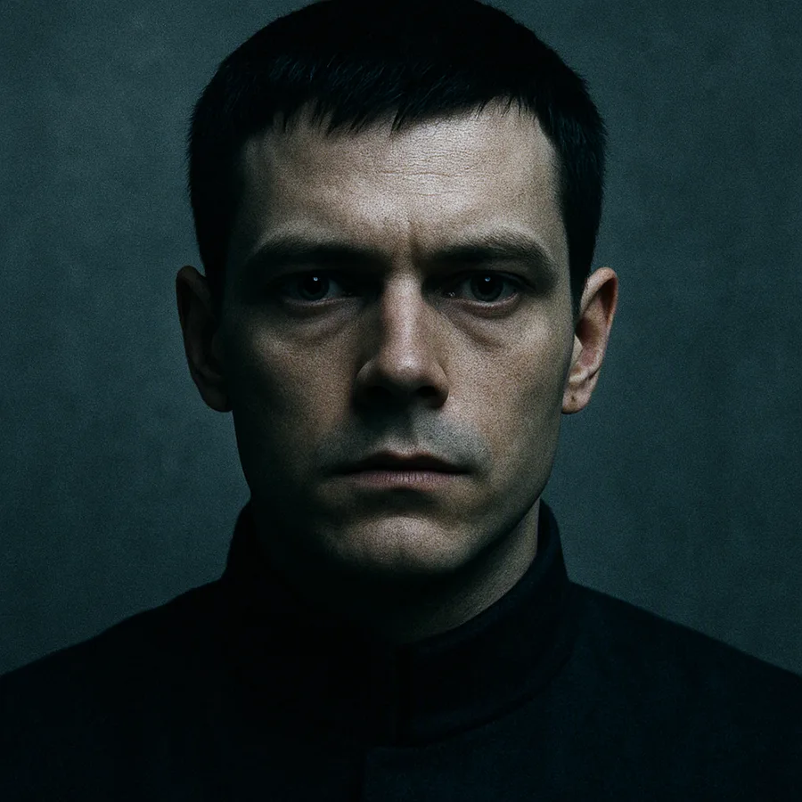 Close-up of a man in a dark uniform with a deliberately blank, expressionless face.
