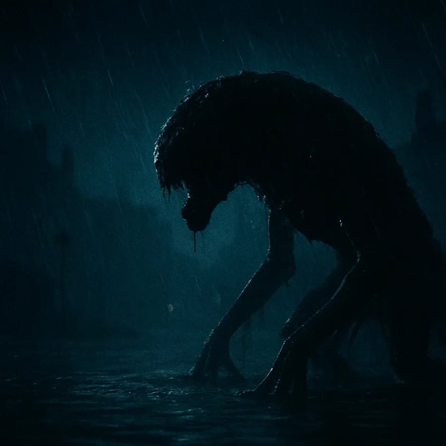 A half-seen monster in the rain and darkness of flooded London, with only glimpses and aftermath visible.