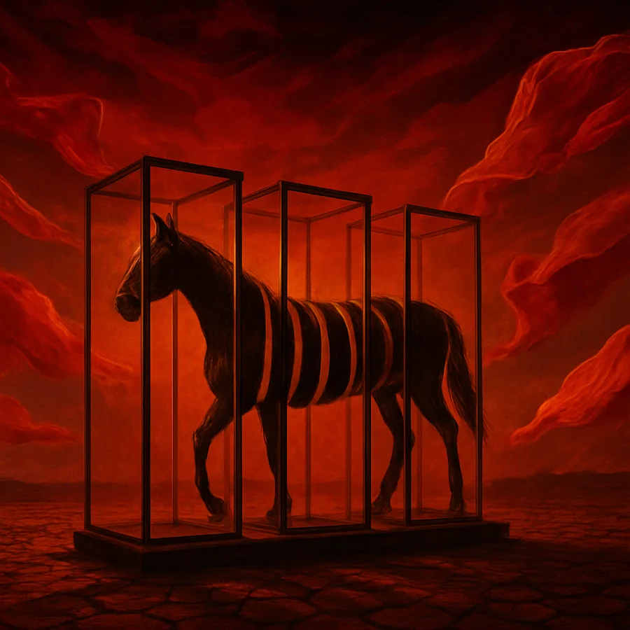 Surreal dream imagery: a sectioned horse suspended in glass, floating silk, and a cracked desert under a red sky.