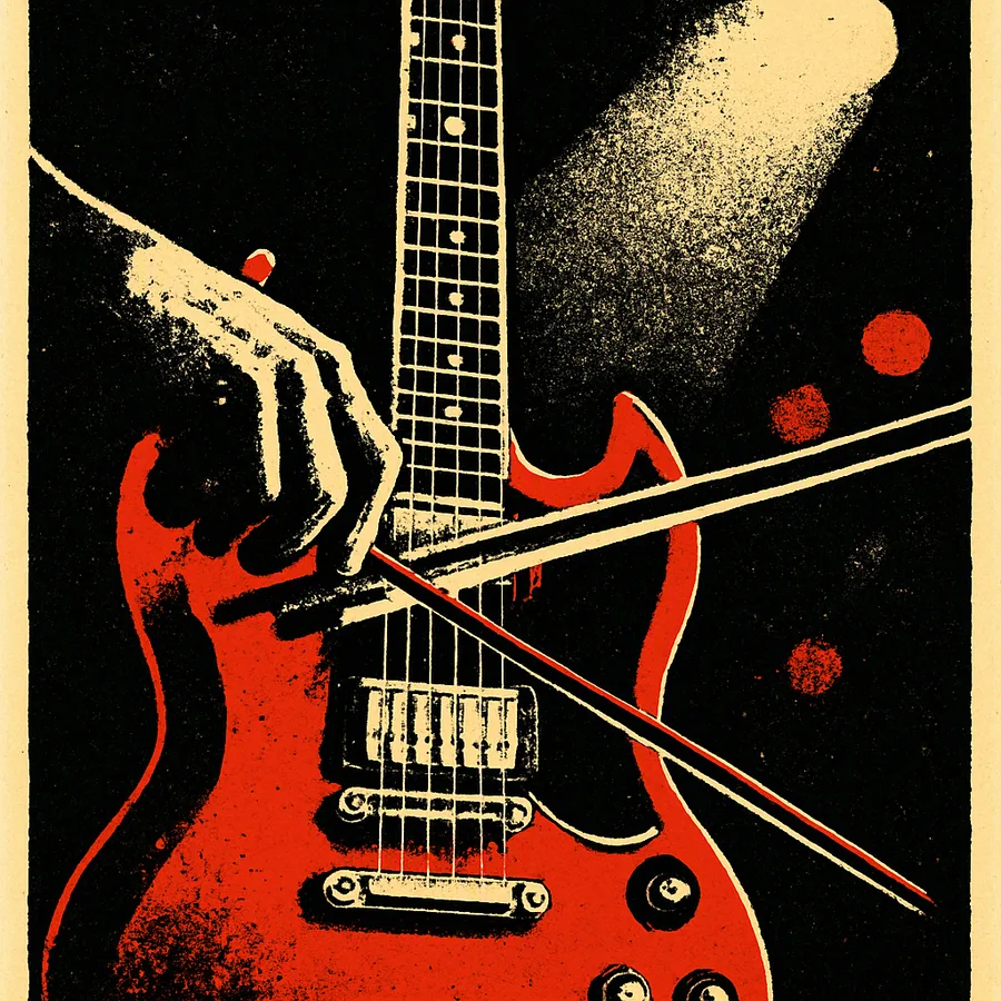 Close-up de uma mão usando um arco de violino nas cordas de uma guitarra elétrica em um ambiente de clube escuro.