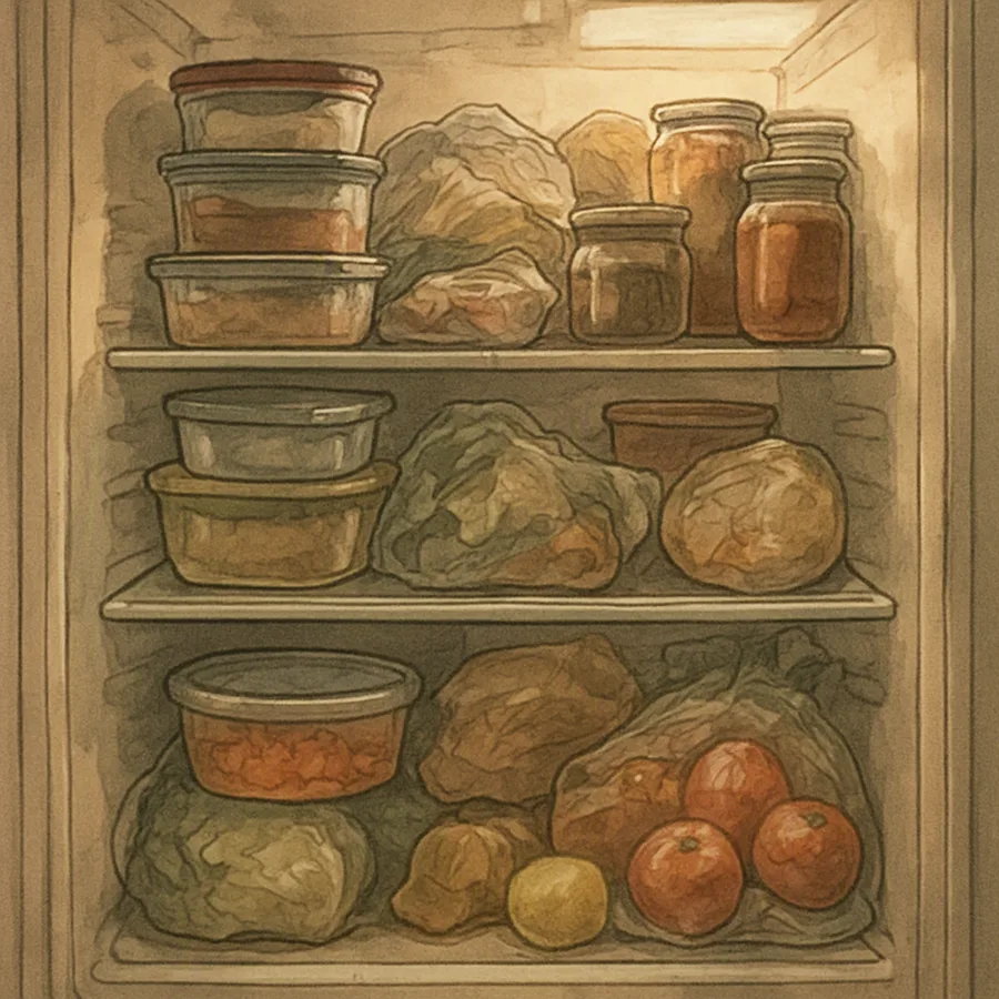 An open refrigerator packed full of containers, jars, bags and leftovers